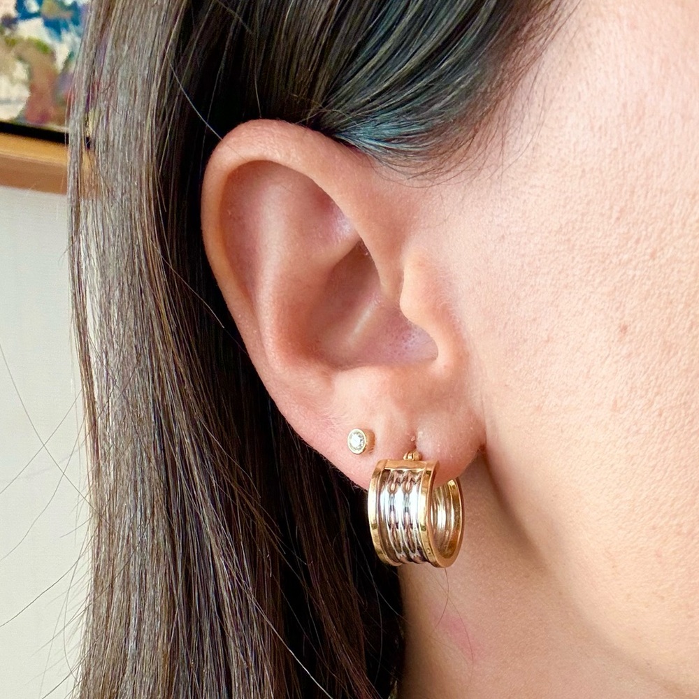 Dual tone hoop earring yellow and white gold